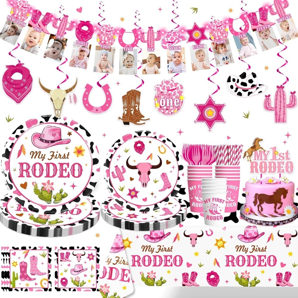 Yingoto 131Pcs My First Rodeo Decorations Girl, Rodeo Plates, 1st Rodeo Birthday